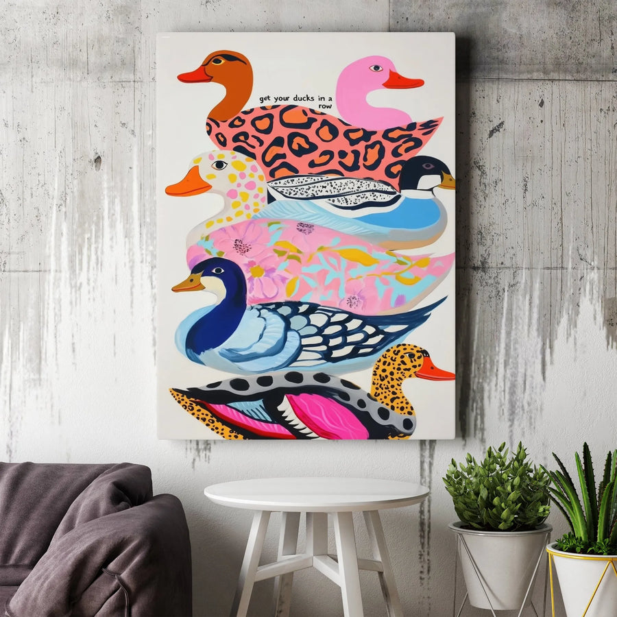 Get Your Ducks In A Row Vertical Canvas | Maximalist Pop Art Duck Print | Premium Gallery Wrapped Canvas | Funky Home Decor Gift
