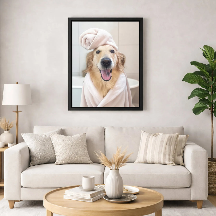 Golden Retriever Canvas Wall Art | Funny Dog in Bathrobe Portrait | Premium Fade-Resistant Print | Cute Animal Bathroom Decor Gift
