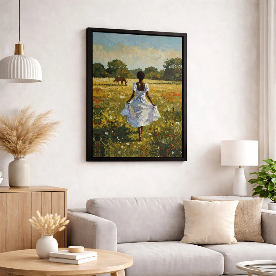 Black Woman In White Dress Canvas Print | Impressionist Wildflower Meadow Field Art | 1.25" Thick Premium Gallery Wrap | Home Decor Wall Gift