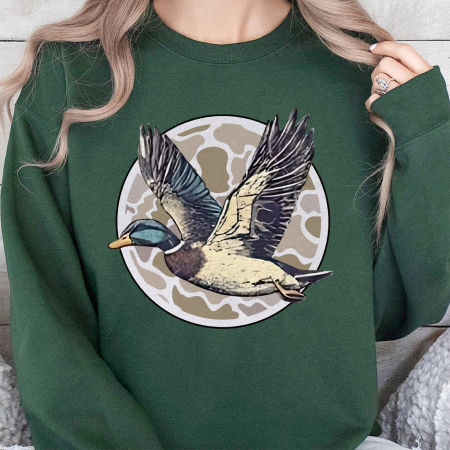 Mallard Duck Hunting Sweatshirt | Flying Waterfowl Graphic Print | Premium Cotton Blend Crewneck | Outdoor Gift for Hunters and Outdoorsmen