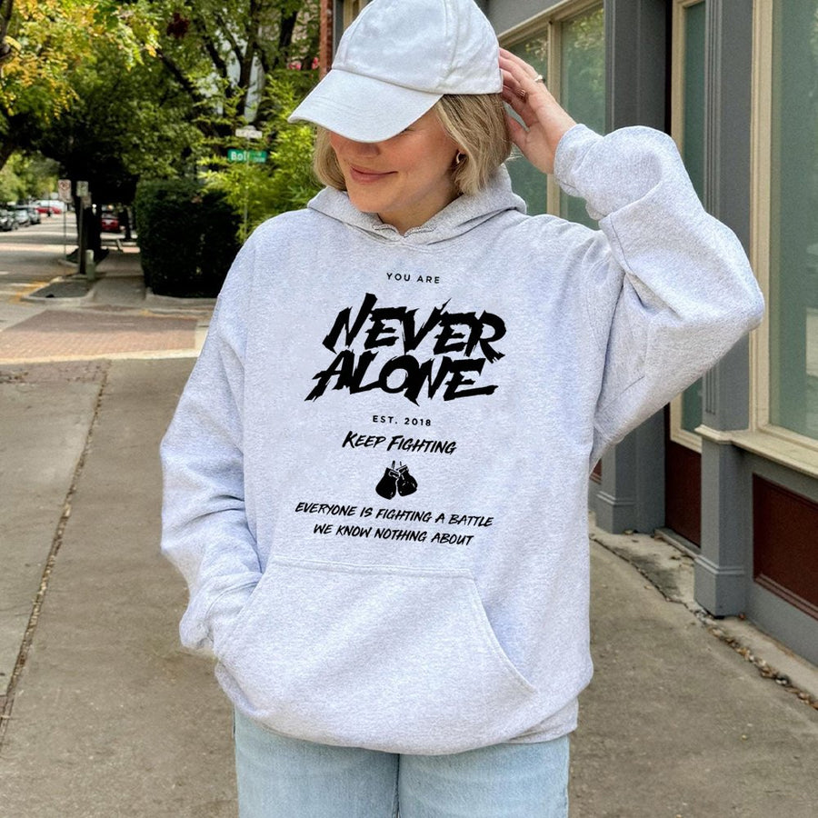 Never Alone Motivational Hoodie | Mental Health Awareness Graphic Sweatshirt | Premium Cotton-Blend | Uplifting Gift for Men & Women