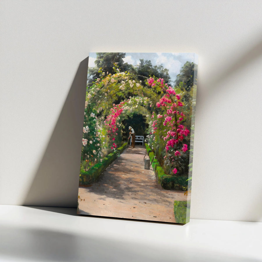 Vintage Garden Vertical Canvas | Impressionist Rose Archway Painting | Premium Frameless Wall Art | Cottagecore Home Decor Gift