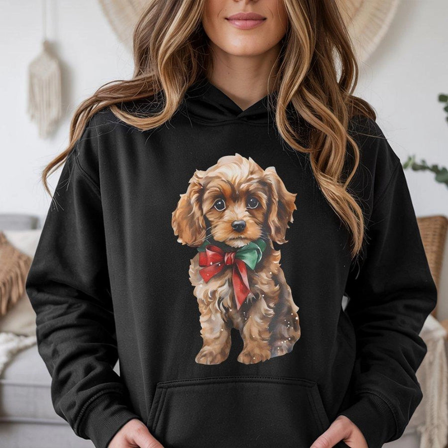 Cavapoo Christmas Hoodie | Cute Puppy With Red Bow Design | Premium Cotton Blend | Cozy Holiday Gift For Dog Lovers