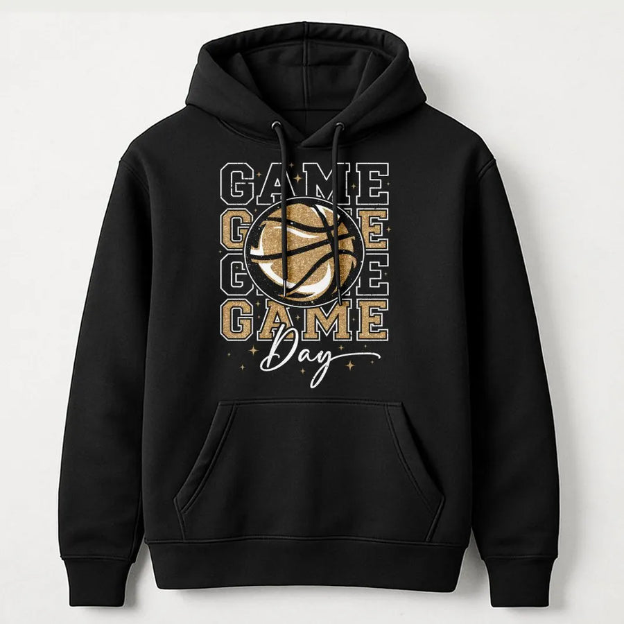 Game Day Basketball Hoodie | Glitter Gold Ball Graphic | Premium Cotton Blend | Basketball Mom Gift For Sports Fan