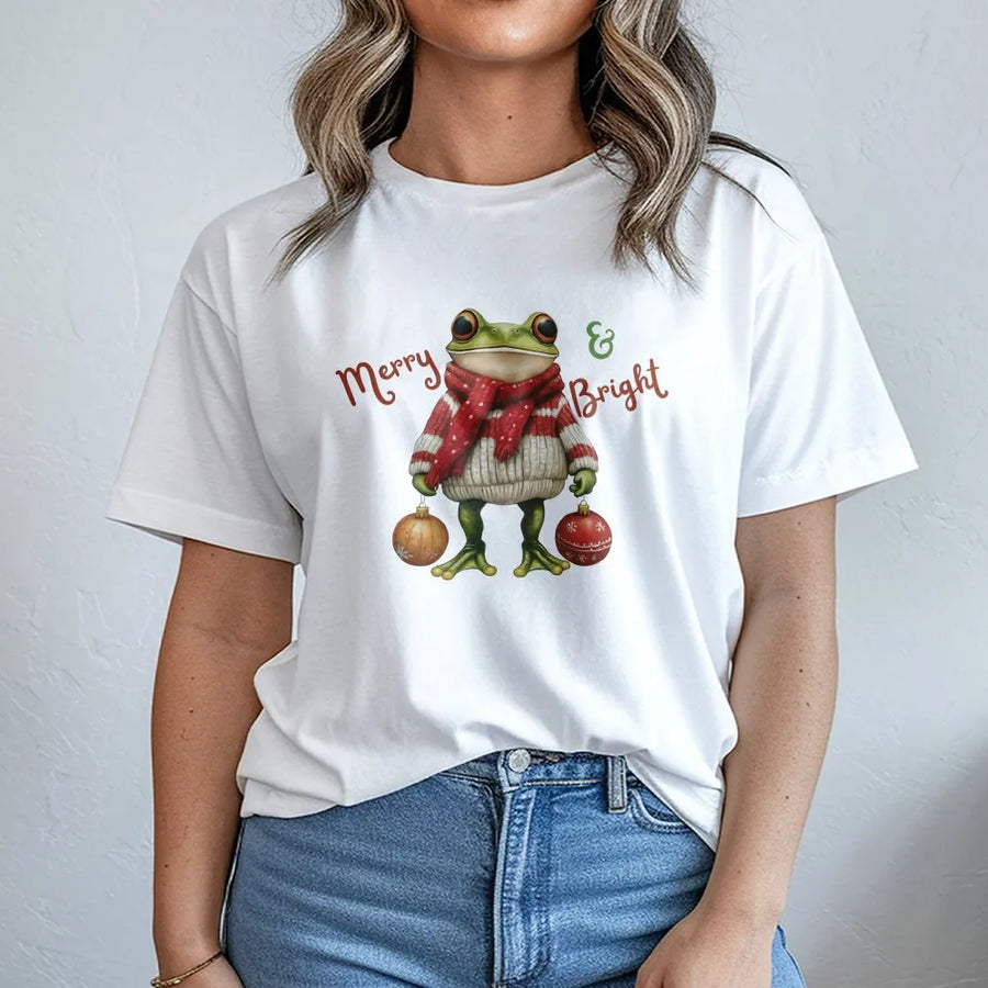 Christmas Frog T-Shirt | Merry & Bright Festive Toad Graphic | Premium Soft Cotton Tee | Funny Holiday Gift for Animal Lovers