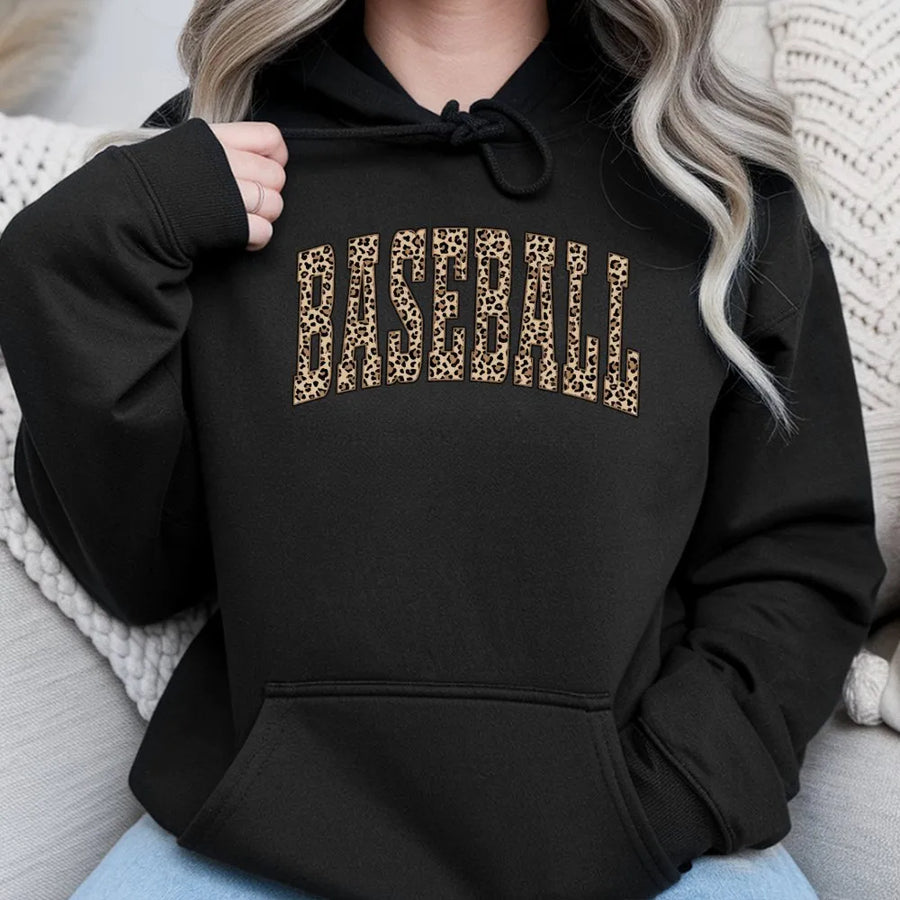 Baseball Hoodie | Leopard Print Varsity Letters | Cozy Cotton Blend | Game Day Gift for Baseball Mom