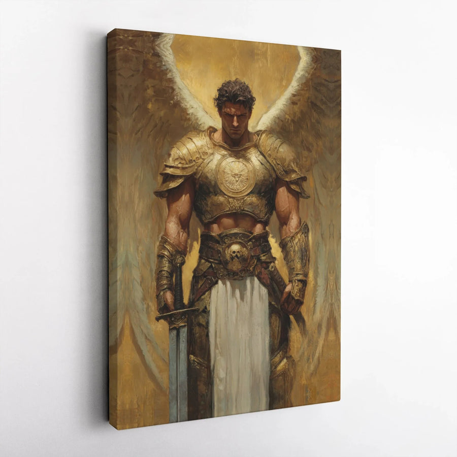 Archangel Michael Canvas Wall Art | Golden Armor Warrior Painting | Premium 1.25" Gallery Wrap | Religious Home Office Decor Gift