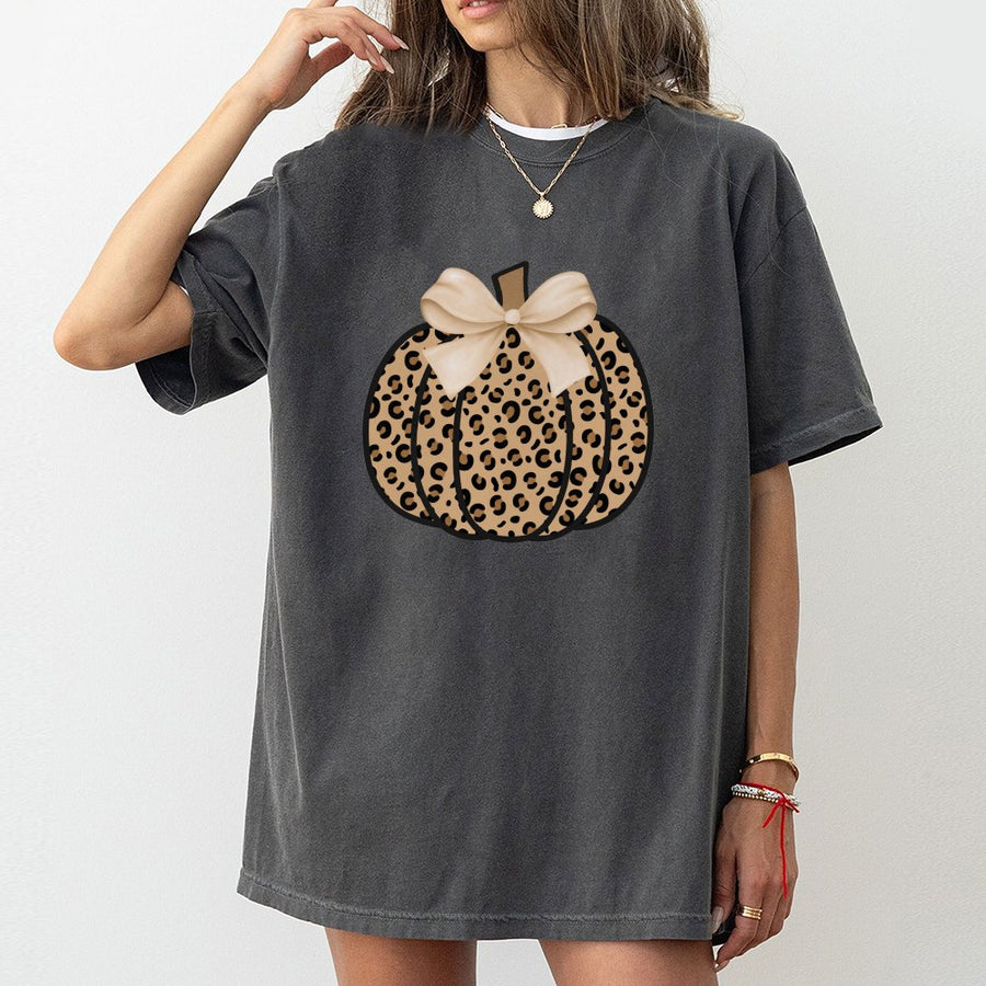 Leopard Print Pumpkin T-Shirt | Coquette Aesthetic Fall Bow Graphic | 100% Cotton Premium Tee | Cute Autumn Outfit Gift for Her