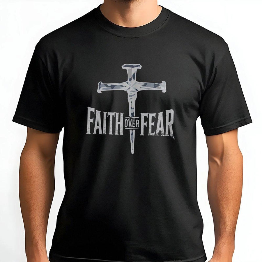 Faith Over Fear Christian T-Shirt | Camo Cross Graphic Design | Premium 100% Cotton Apparel | Inspirational Religious Gift for Men and Women
