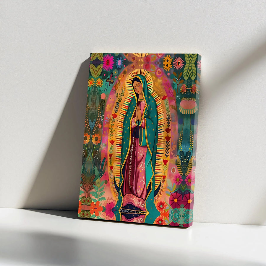 Our Lady Of Guadalupe Canvas Art | Colorful Folk Art Virgin Mary Wall Decor | Premium 1.25 Inch Gallery Wrap | Religious Catholic Gift For Home