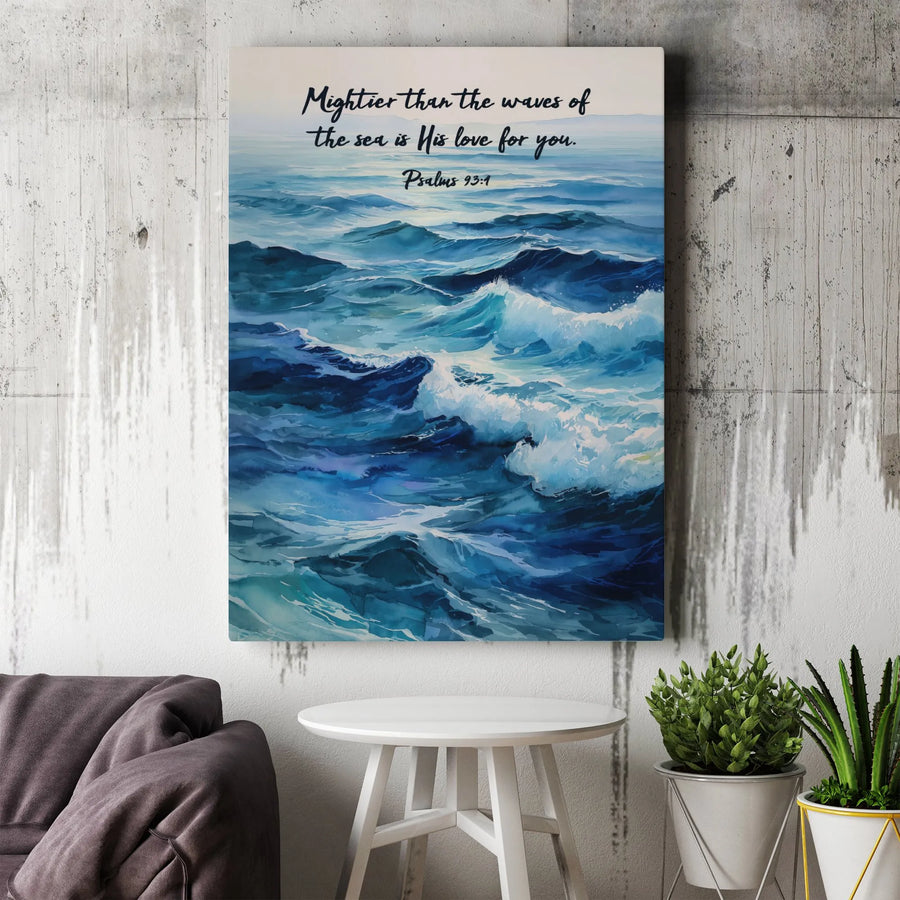 Psalms 93:4 Bible Verse Wall Art | Mightier Than The Waves Ocean Print | Gallery Wrap Canvas | Christian Home Decor Gift