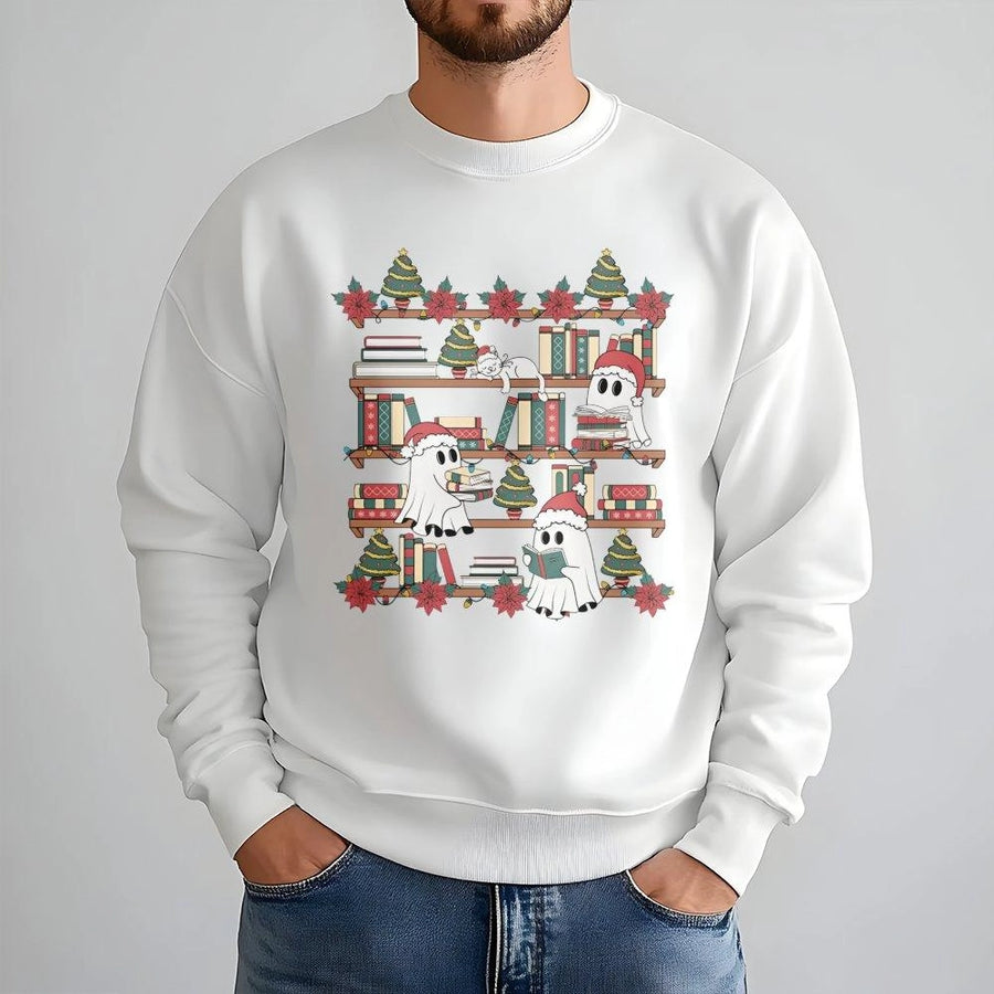 Christmas Ghost Bookshelf Sweatshirt | Cute Festive Reading Graphic | Premium Cotton Blend | Gift For Book Lovers