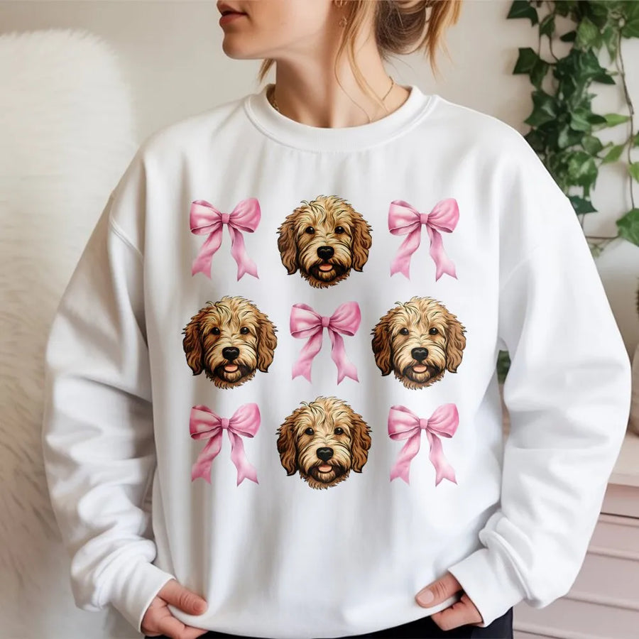 Goldendoodle Sweatshirt | Cute Dog Mom Graphic with Pink Bows | Premium Cotton Blend Crewneck | Cozy Dog Lover Gift for Women and Teens