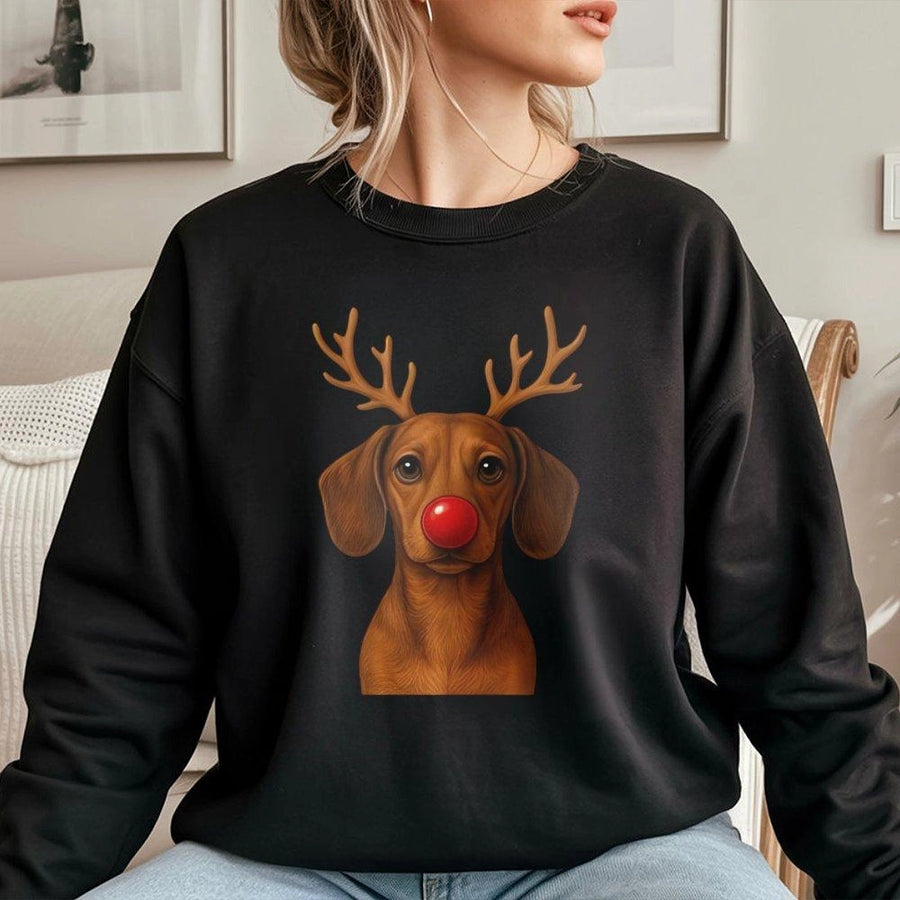 Dachshund Reindeer Sweatshirt | Cute Red Nose Puppy Graphic | Premium Cotton Blend | Funny Christmas Holiday Gift for Dog Lovers
