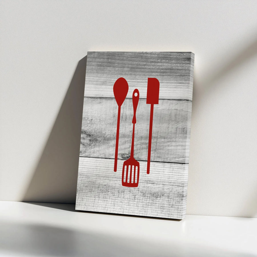 Rustic Kitchen Utensil Canvas Wall Art | Minimalist Red Silhouette Print | Premium 1.25" Thick Gallery Wrapped Canvas | Modern Farmhouse Decor Gift