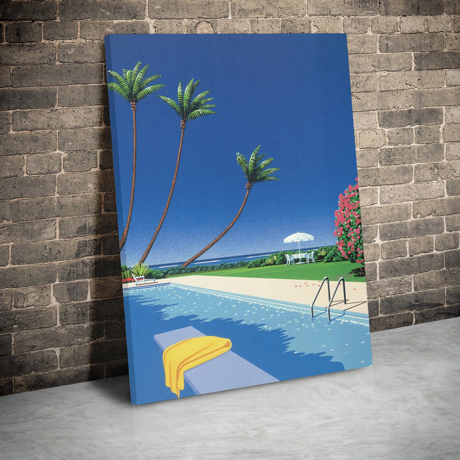 Retro Poolside Canvas Wall Art | 80s City Pop Aesthetic Palm Trees | Premium Gallery Wrap Decor | Modern Summer Home Office Gift