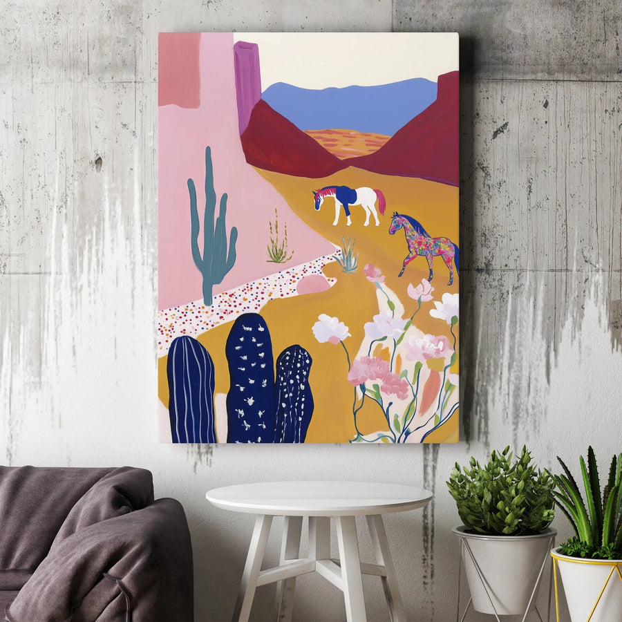 Boho Desert Horse Canvas Wall Art | Colorful Abstract Southwestern Landscape | Thick 1.25" Gallery Wrap Canvas | Premium Living Room Decor Gift