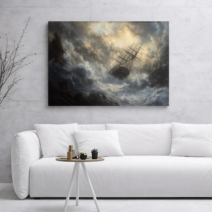 Stormy Sea Ship Canvas Art | Dramatic Nautical Ocean Oil Painting Style | 1.25" Gallery Wrap Premium Decor | Office and Living Room Wall Decor