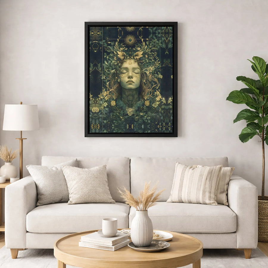 Forest Goddess Wall Art | Mystical Green and Gold Botanical Portrait | Premium Gallery Wrapped Canvas | Spiritual Nature Home Decor Gift