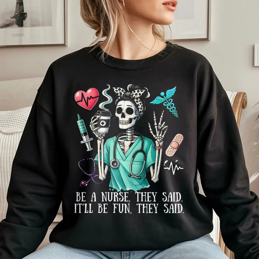Nurse Skeleton Sweatshirt | Funny Nursing School Graphic Tee | Premium Cotton Blend Crewneck | Healthcare Worker Graduation Gift for Women