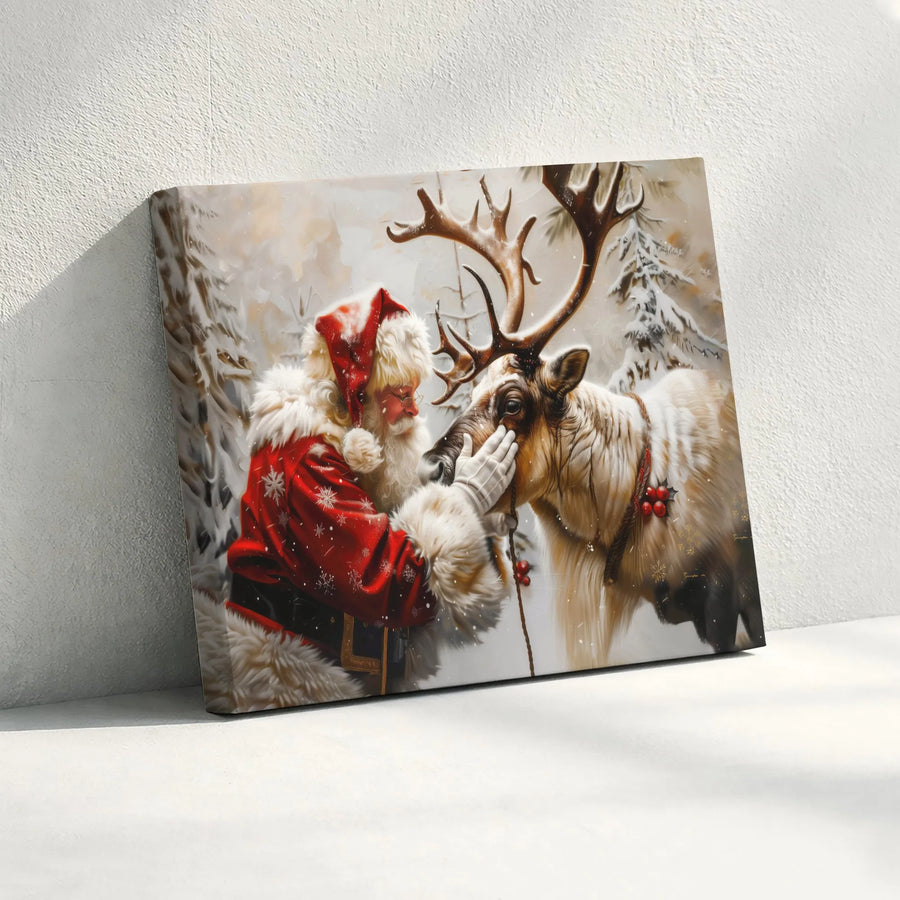 Santa Claus Reindeer Canvas Wall Art | Cozy Winter Snowy Forest Scene | Gallery Wrapped Premium Print | Festive Holiday Home Decor Gift