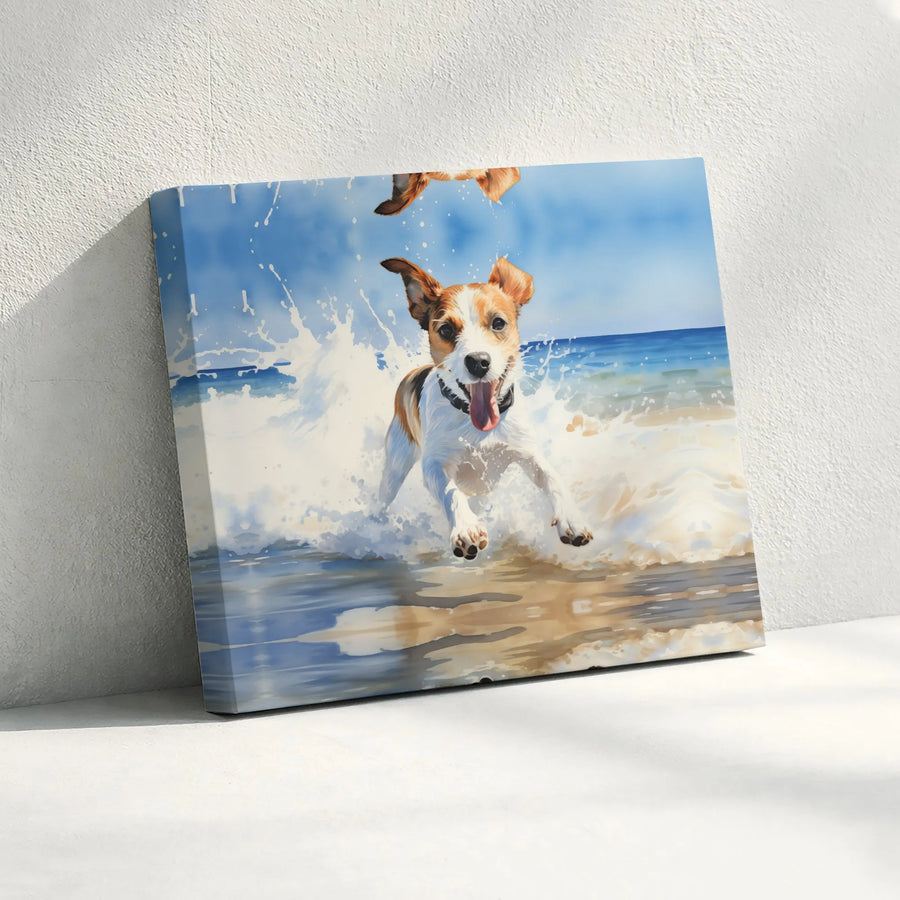 Jack Russell Beach Canvas Art | Vibrant Watercolor Dog Print | Premium Gallery Wrapped Canvas | Gift for Dog Lover, Coastal Home Decor