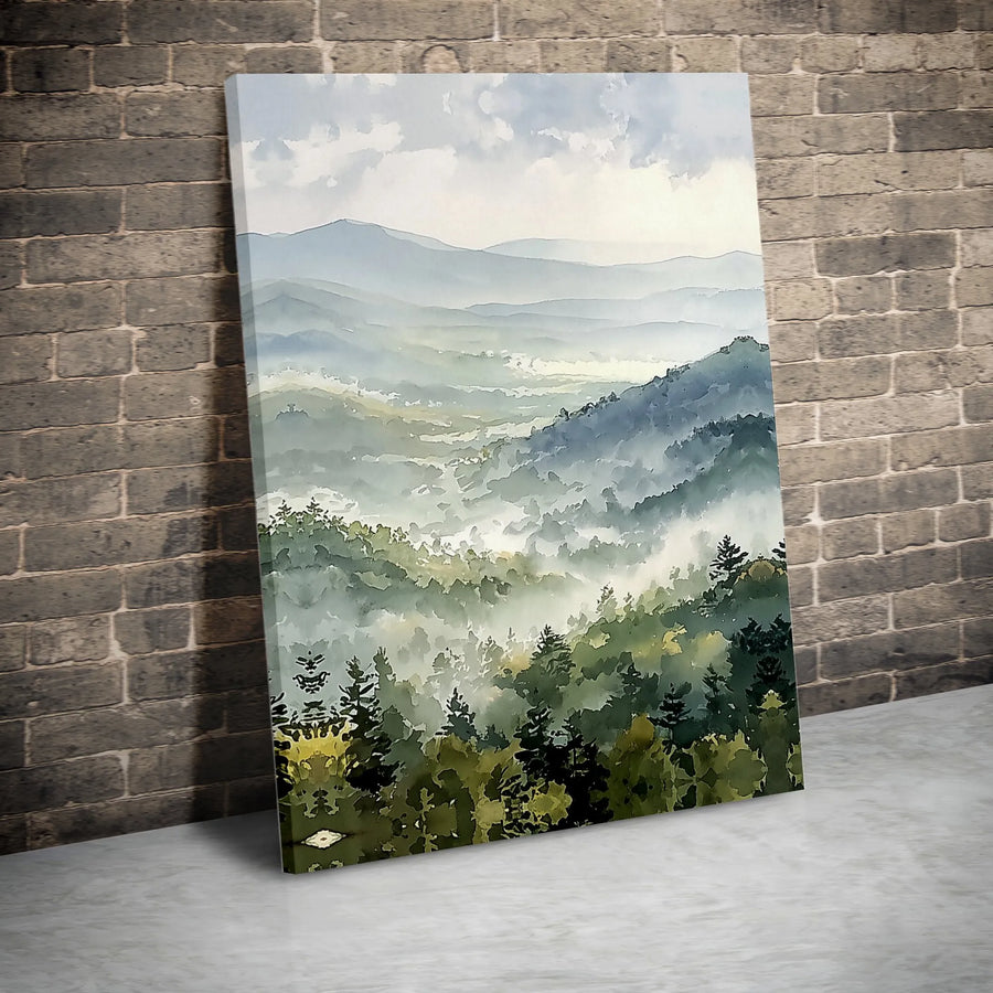 Misty Mountain Canvas Print | Watercolor Foggy Forest Landscape | Premium Gallery Wrapped Wall Art | Modern Farmhouse Decor Gift for Nature Lover