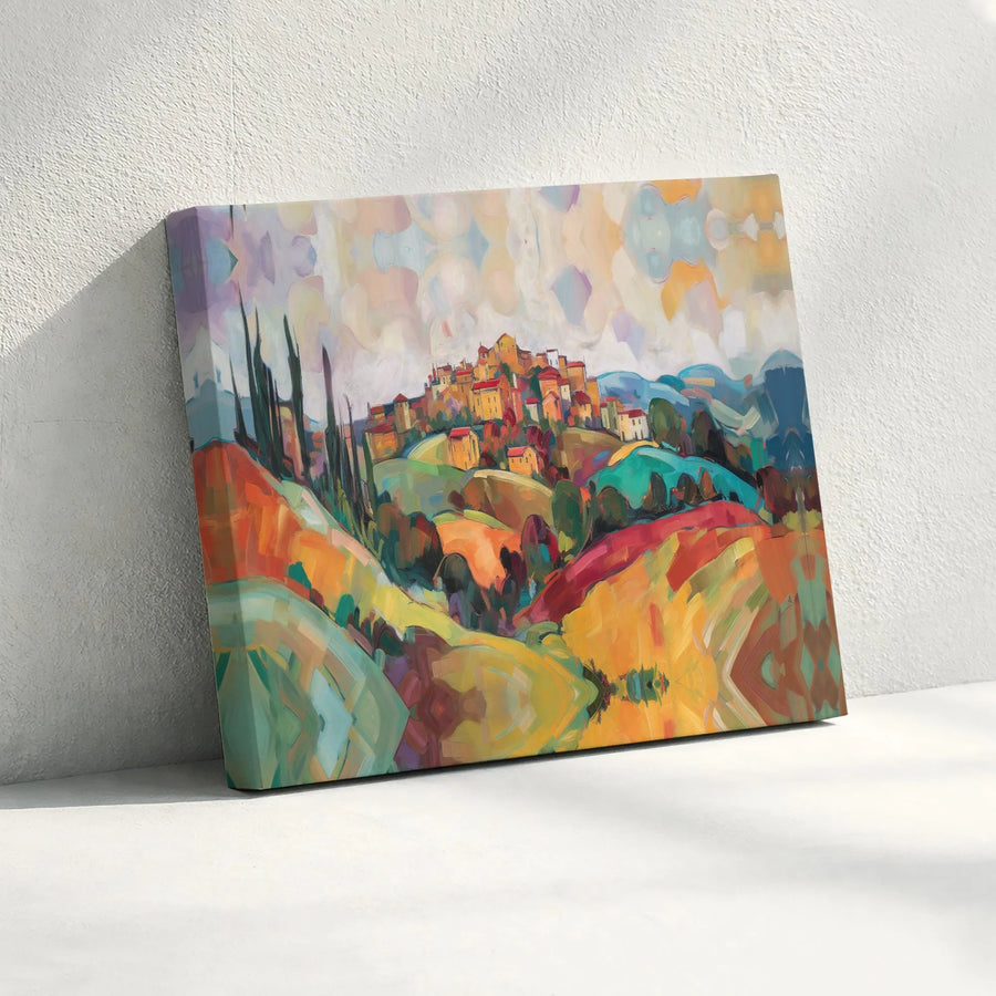 Abstract Tuscan Village Canvas Wall Art | Colorful Italian Landscape Painting | Gallery Quality Stretched Canvas | Modern Home Decor Gift