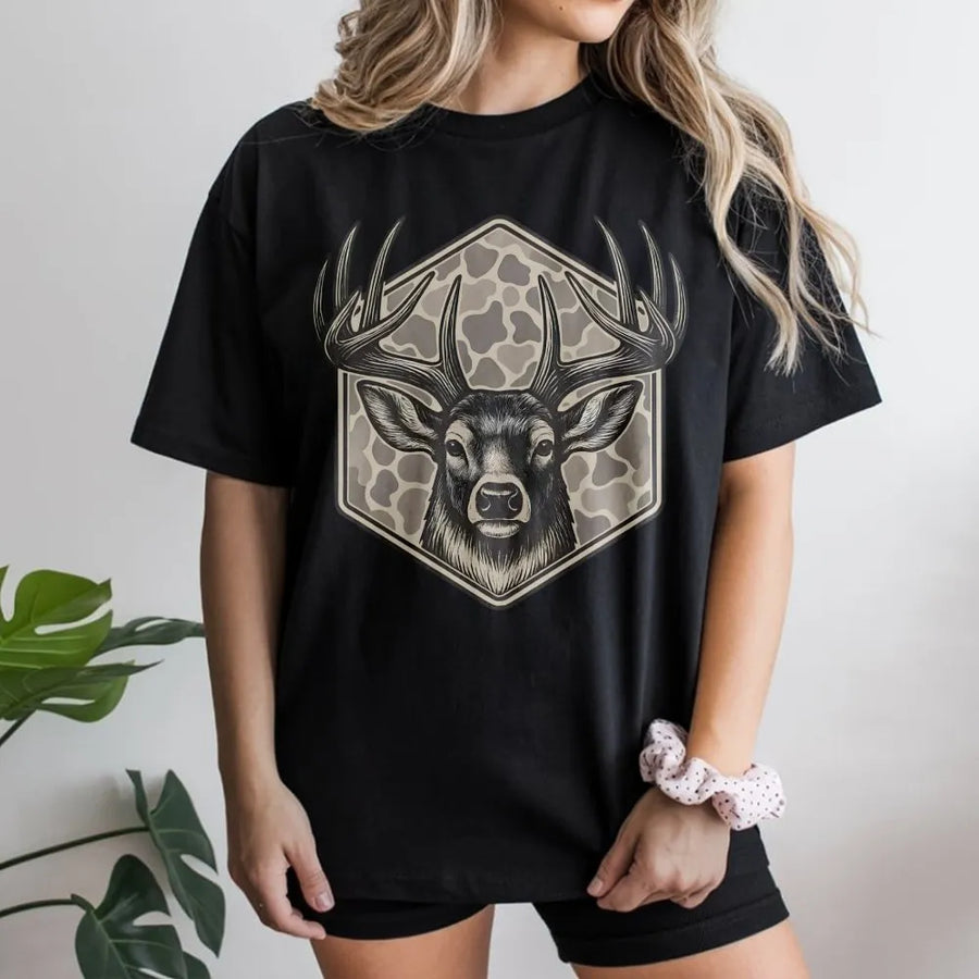 Whitetail Deer Hunting T-Shirt | Detailed Buck Head Graphic in Camo Hexagon | Premium 100% Cotton Apparel | Outdoor Wildlife Enthusiast Gift
