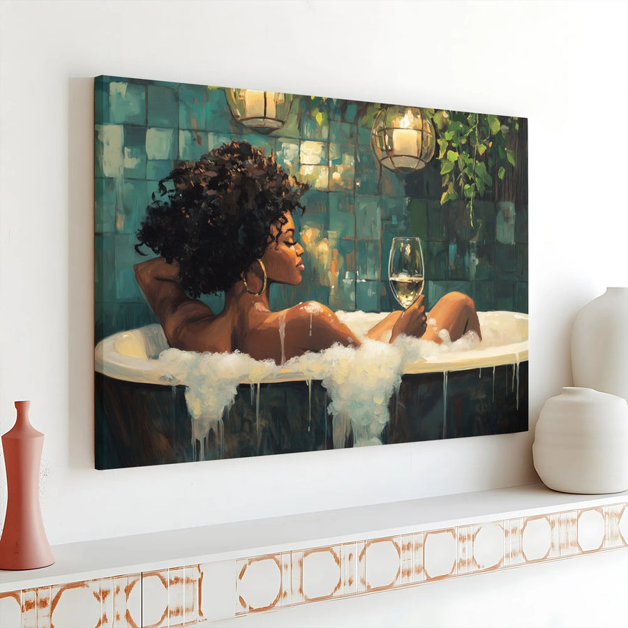 Black Woman Relaxing in Bath Canvas Art | Afro Hair Portrait with Wine | Premium Gallery Wrap Wall Decor | Self-Care Bathroom Wall Art Gift