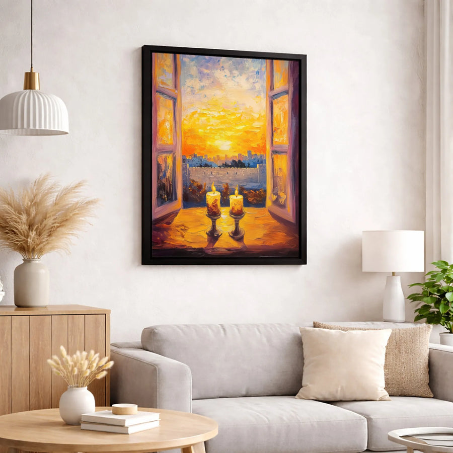 Shabbat Candles Wall Art | Jerusalem Sunset Impressionist Canvas | Premium Gallery-Wrapped Print | Judaica Home Decor Gift