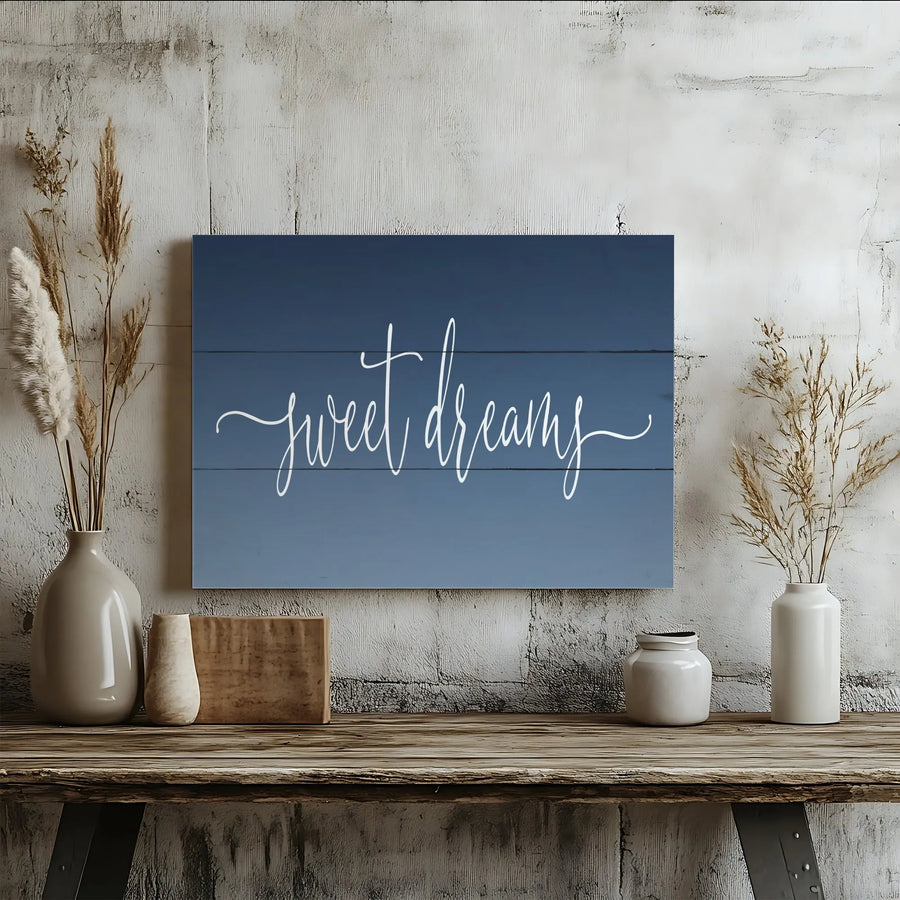 Sweet Dreams Wall Art Canvas | Modern Navy Blue Script Typography | Premium Gallery Wrap Decor | Relaxing Bedroom Wall Decor Gift