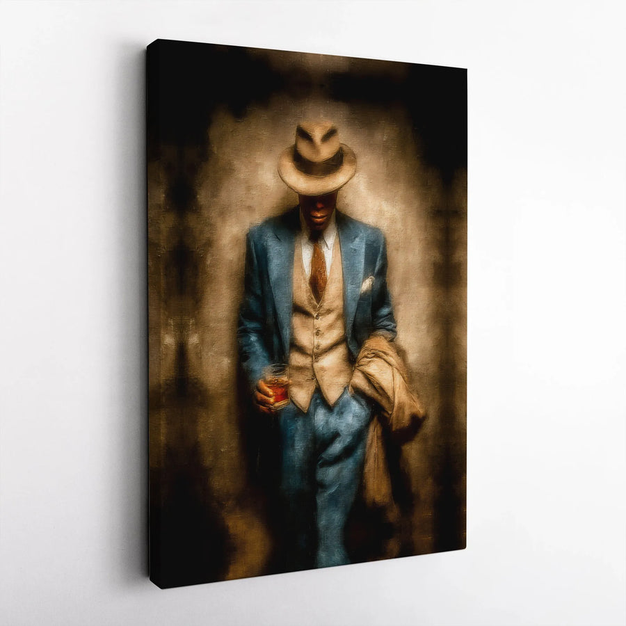Vintage Gentleman Wall Art | Fedora Man with Whiskey Painting | 1.25 Inch Gallery Wrap Canvas | Sophisticated Home Office Decor Gift