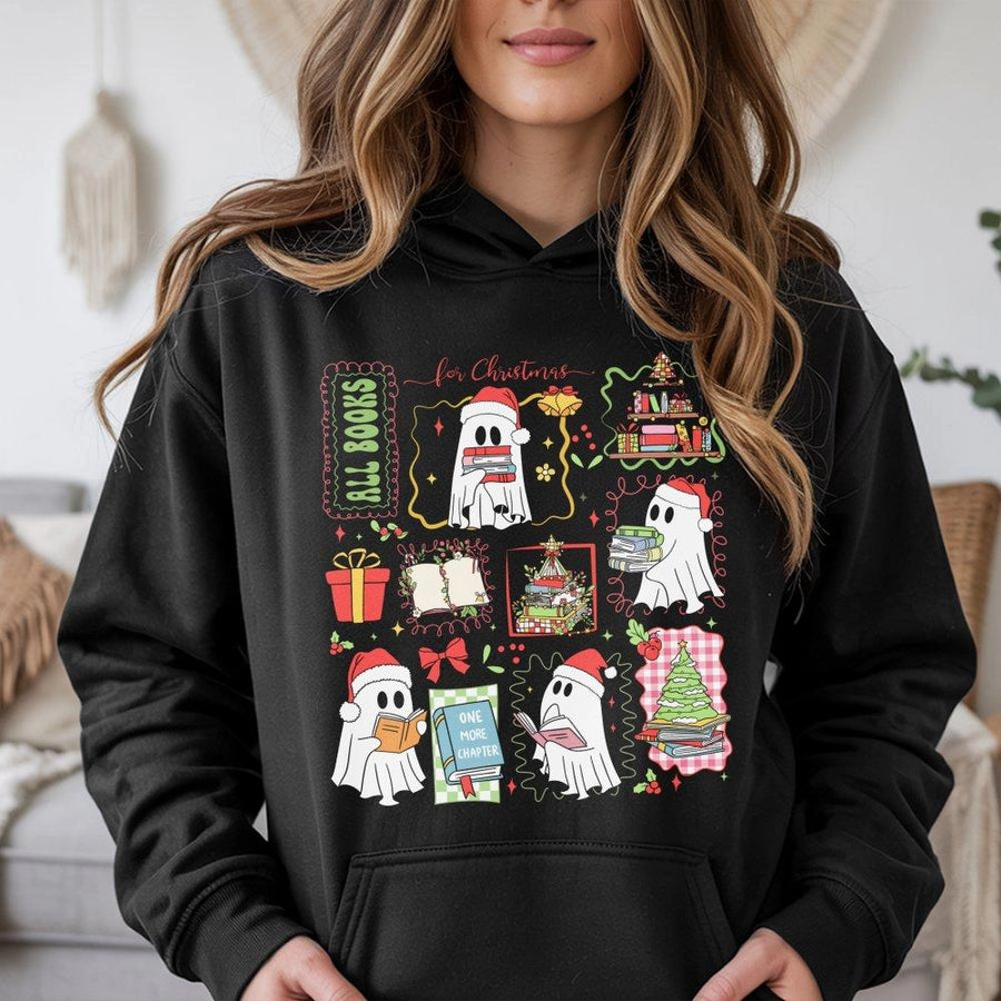 Christmas Ghost Hoodie | Cute Book Lover Reading Graphic | Premium Cotton Blend Sweatshirt | Holiday Gift For Readers & Librarians