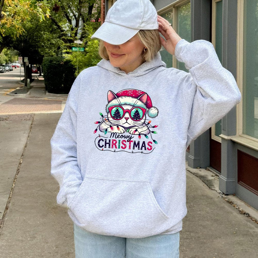 Meowy Christmas Hoodie | Cute Cat Wearing Santa Hat Graphic | Soft Cotton-Blend Premium Apparel | Festive Gift for Cat Lovers