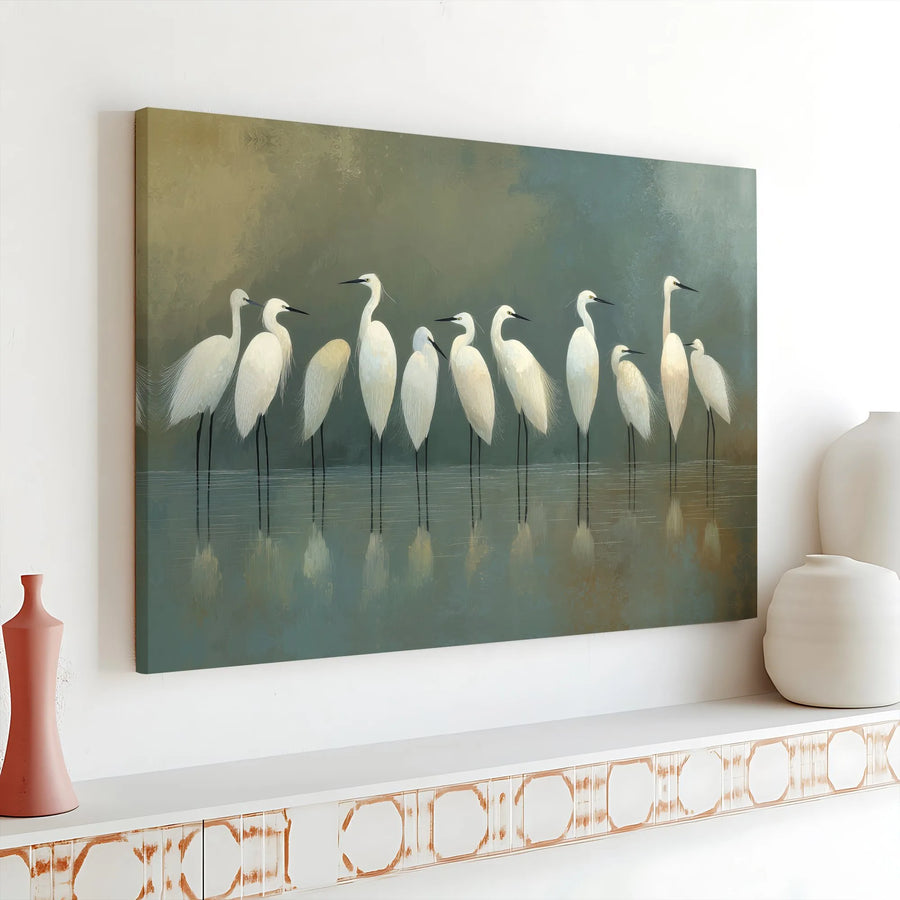 White Egret Canvas Wall Art | Coastal Birds Painting with Water Reflection | Premium Gallery Wrapped Canvas | Living Room Decor Gift