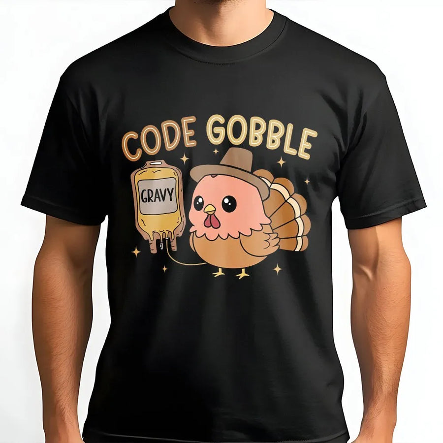 Funny Nurse Thanksgiving T-Shirt | Code Gobble Turkey Graphic | Premium Cotton Blend Sweatshirt | Gift for RN CNA ER Nurse Crew