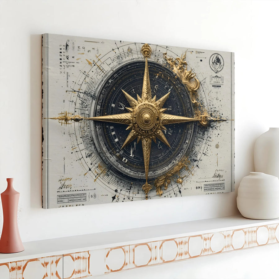 Ornate Gold Compass Rose Wall Art | Vintage Nautical Chart Blueprint Design | 1.25" Thick Premium Gallery Wrap Canvas | Sophisticated Home Office Decor Gift