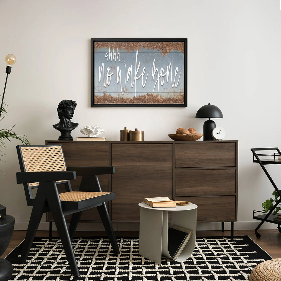 Shhh No Wake Zone Canvas Wall Art | Rustic Farmhouse Metal Texture Print | Premium Gallery Wrap 1.25 Inch Thick | Lake House Decor Gift For Boat Owners