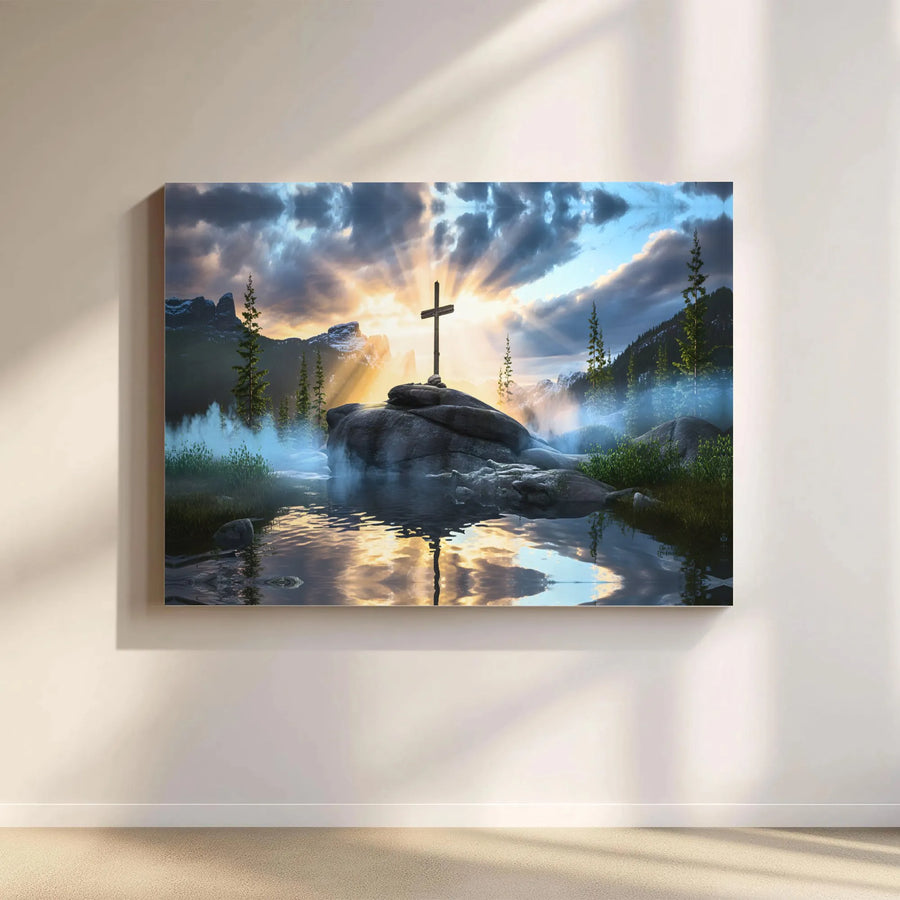 Christian Cross Canvas Wall Art | Mountain Lake Sunrise Print | Premium Gallery Wrapped Canvas | Spiritual Gift for Christian Home Decor