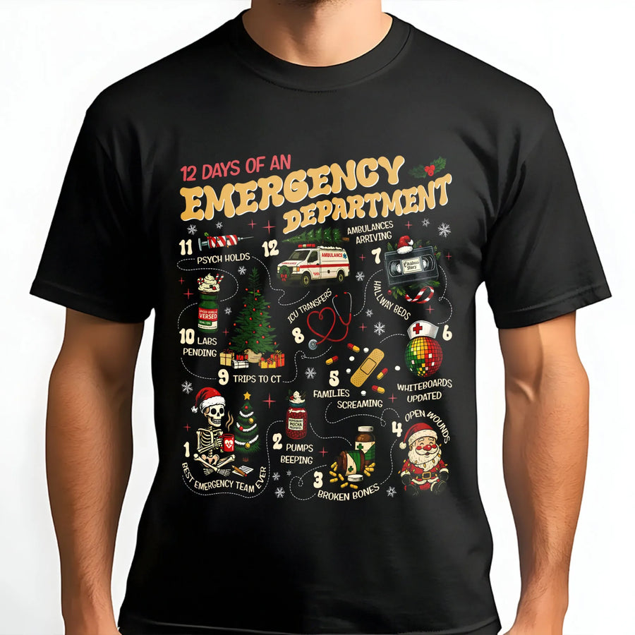 12 Days of Emergency Department T-Shirt | Funny ER Nurse Christmas Graphic | Premium Soft Cotton Tee | Perfect Gift for Doctors and Medical Staff