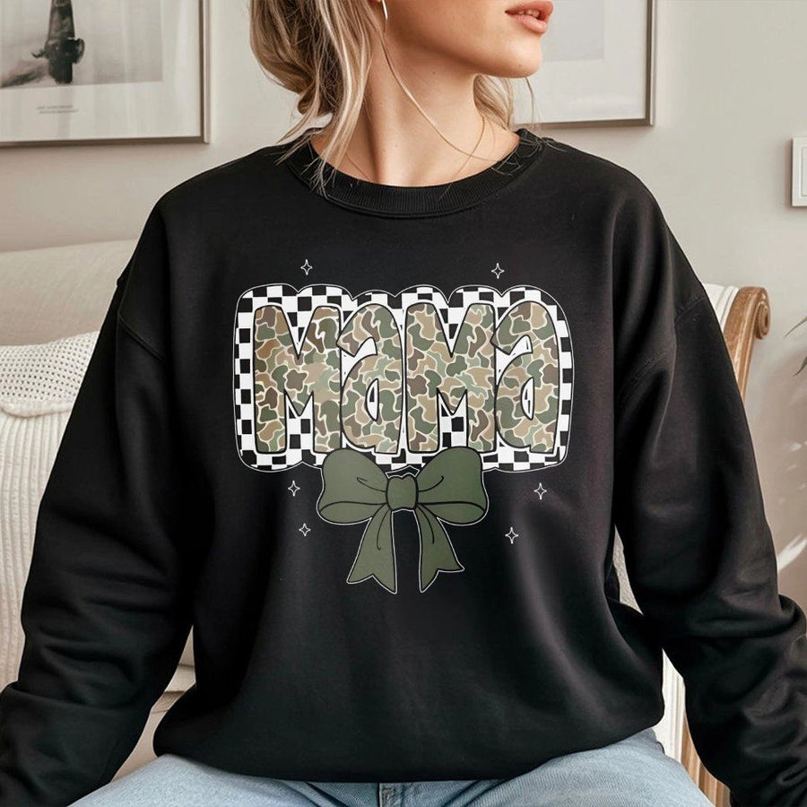Mama Sweatshirt | Checkered Camo Coquette Bow Print | Premium Cotton-Poly Blend | Mother's Day 2026 Gift for Mom, New Mom or Mama Birthday Present