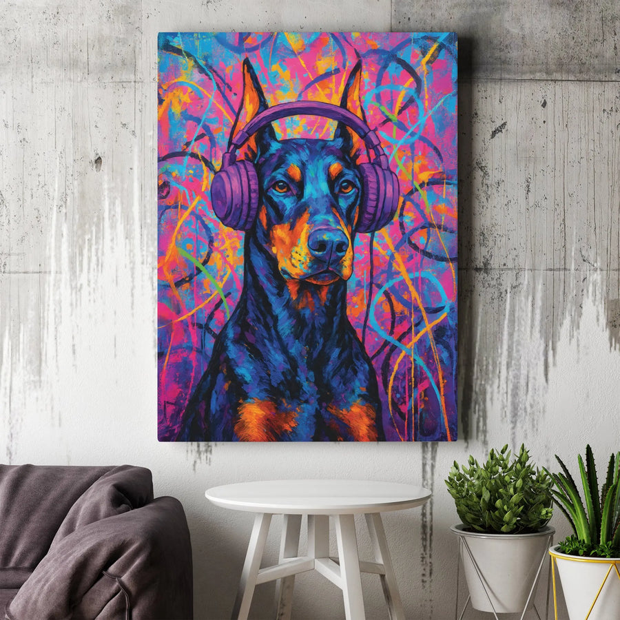 Doberman Wall Art Canvas | Colorful Pop Art Graffiti Music Dog Decor | Premium Gallery Wrap Print | Modern Gift For Dog Lovers