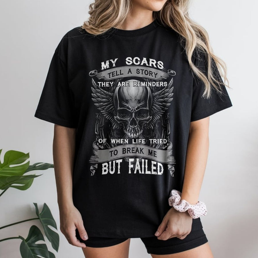 My Scars Tell A Story T-Shirt | Winged Skull Graphic Tee | Premium 100% Cotton | Inspirational Survivor Gift for Men
