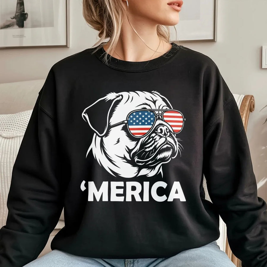 Funny Merica Pug Sweatshirt | Pug with American Flag Sunglasses | Cozy Unisex Pullover | Gift for Pug Owner