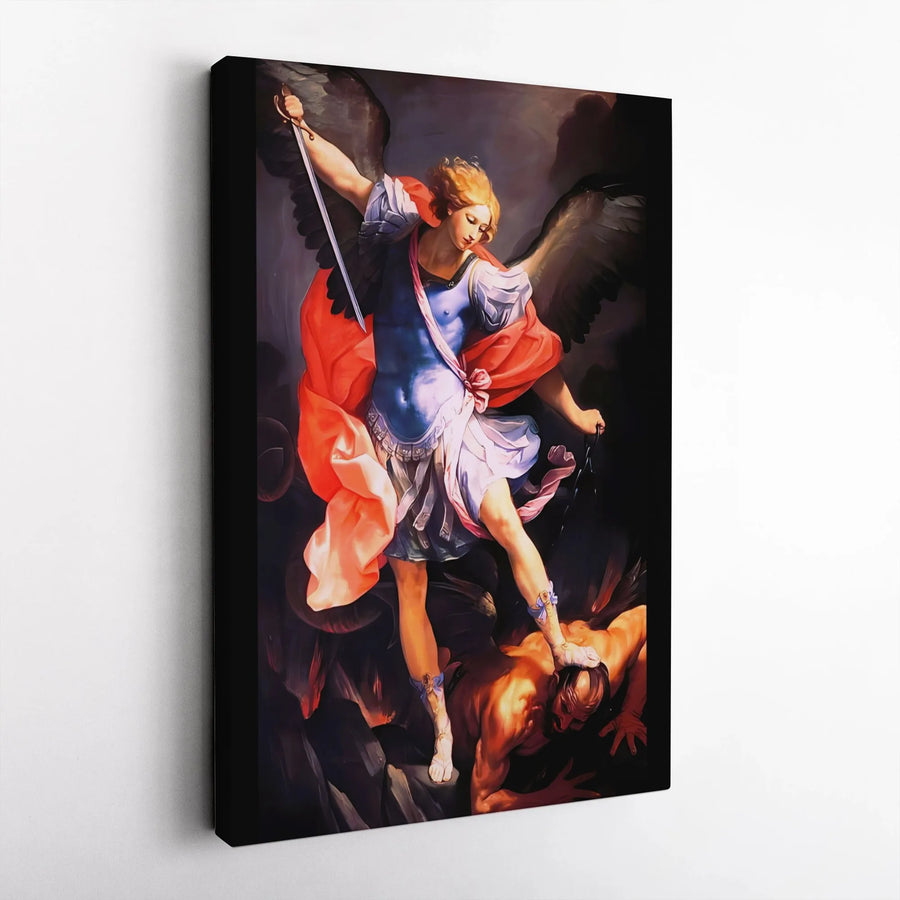 Saint Michael The Archangel Canvas | Religious Art Decor | 1.25 Inch Gallery Wrap | Archangel Michael Fighting Satan Wall Art for Home Office