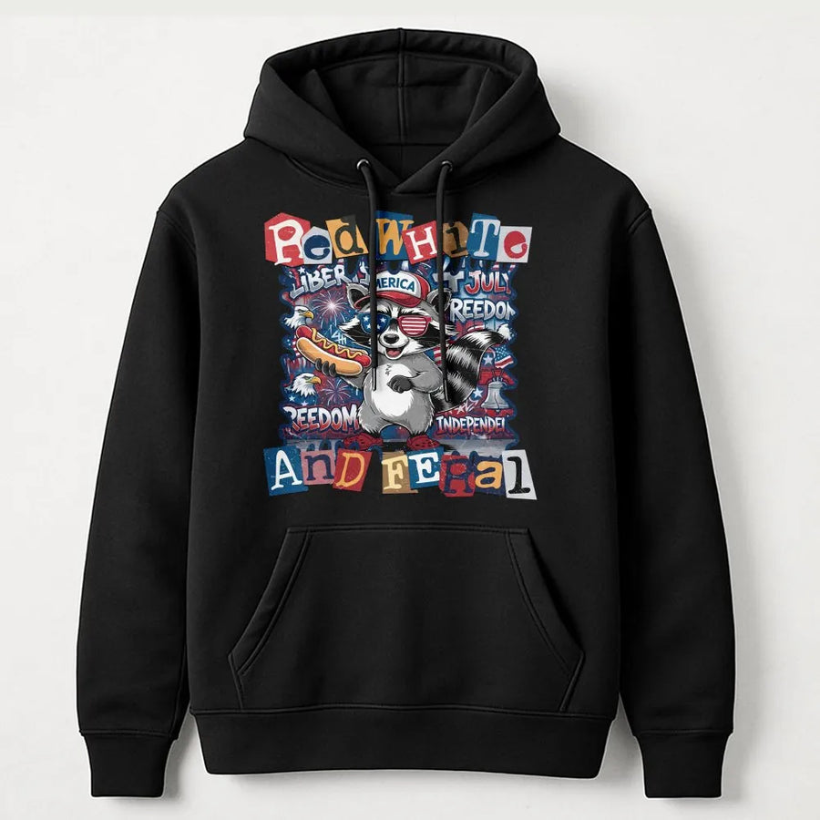 Red White and Feral Hoodie | Funny Patriotic Raccoon Graphic | Soft Cotton-Blend Pullover | 4th of July Independence Day Gift