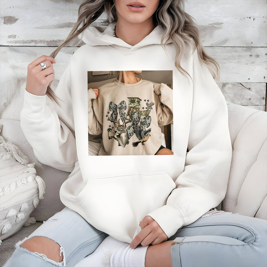 Hunting Season Hoodie | Coquette Camo Bow Deer Graphic | Premium Cotton Blend | Gift For Hunter Women and Girls