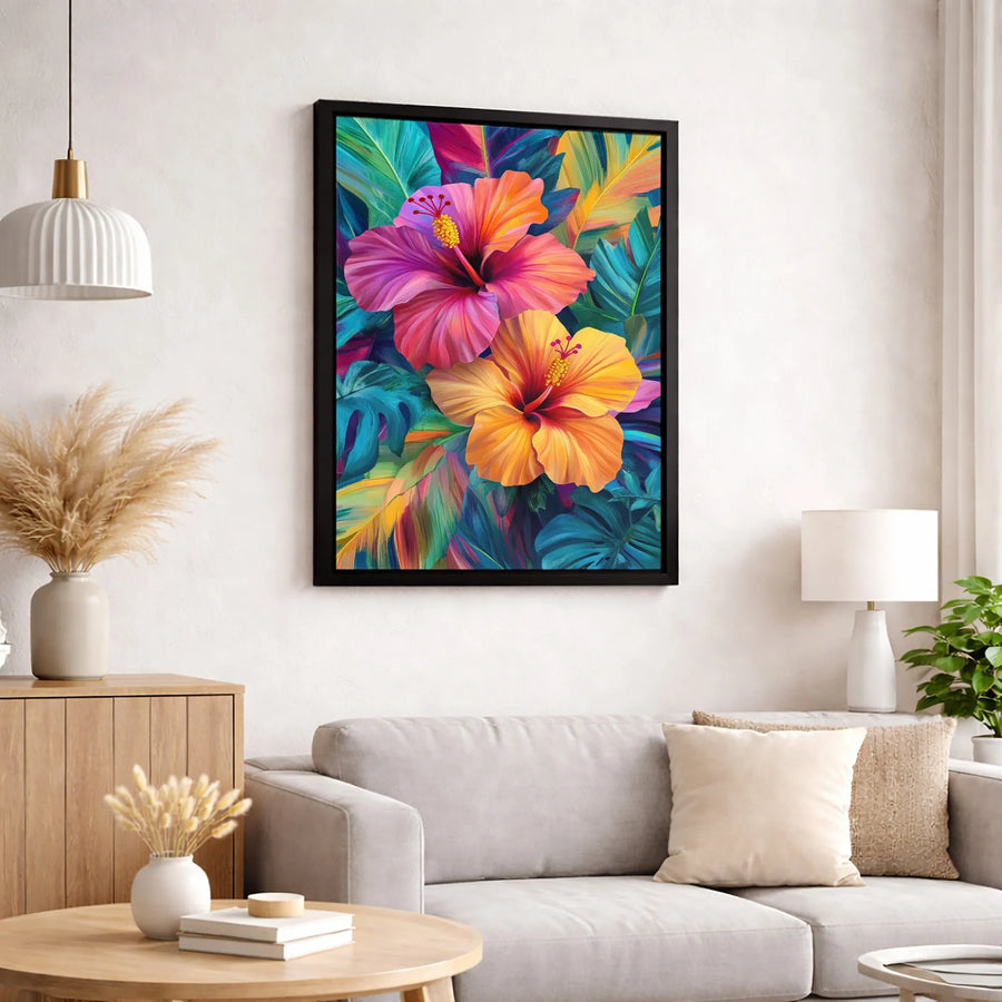 Tropical Hibiscus Flower Canvas Art | Vibrant Monstera Leaf Painting | Premium 1.25-Inch Gallery Wrap | Bohemian Home Decor Wall Art