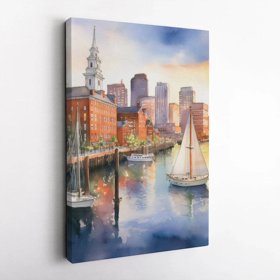 Boston Harbor Watercolor Vertical Canvas | Scenic Sailboat & City Skyline Wall Art | Premium 1.25" Frameless Gallery Wrap | Coastal Home Office Decor Gift